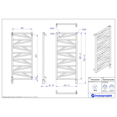 Grzejnik elektryczny (suszarka) INSTAL-PROJEKT Trick Electro, wym. 1187 (1292 z grzałką)/530 mm, kolor biały połysk,  moc 600 W