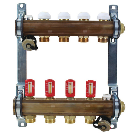 Rozdzielacz do ogrzewania podłogowego HERZ 15-obieg. mosiądz GW 1'' x GZ 3/4'' + przepływomierz + zawór napełn/spust + odpowietrznik