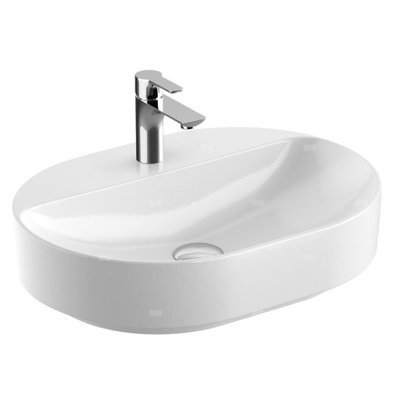 Umywalka GEBERIT Variform eliptyczna, biała / KeraTect, 600mm, otwór na baterię na środku, stawiana na blat, bez odpływu przelewowego, półka od ściany