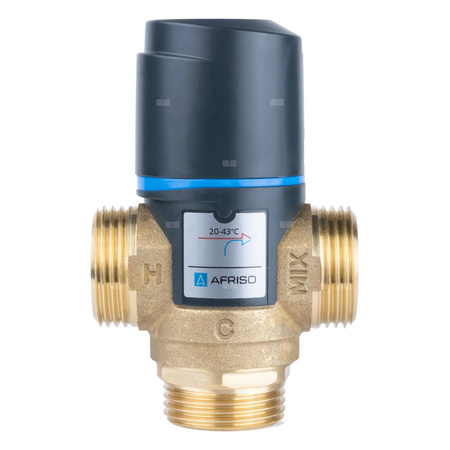 Zawór regulacyjny termostatyczny do wody ciepłej AFRISO ATM 361 ze śrubunkami mosiądz GZ 1'', DN 20, zakres temp. 20-43'C, Kvs 1.6 m3/h, maksymalna temperatura 90'C, maksymane ciśnienie 10 bar