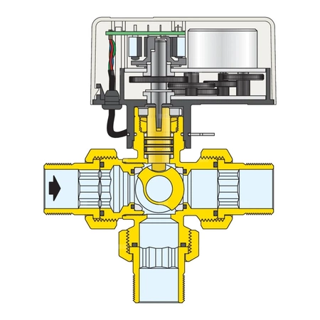 Trójdrożny kulowy zawór strefowy z napędem, wersja z obejściem 1/2"-24V