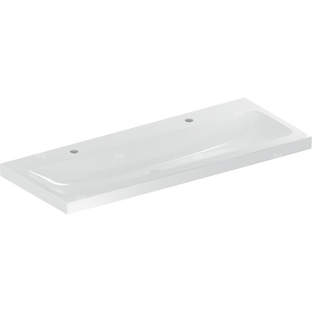 Umywalka GEBERIT iCon Light 2-stanowiskowa prostokątna, biała / KeraTect, 1200mm, otwór na baterię na środku, bez odpływu przelewowego, półka od ściany