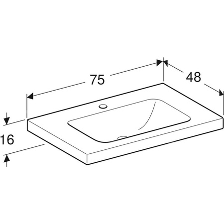 Umywalka GEBERIT iCon Light prostokątna, biała, 750mm, otwór na baterię na środku, bez odpływu przelewowego, półki z obu stron