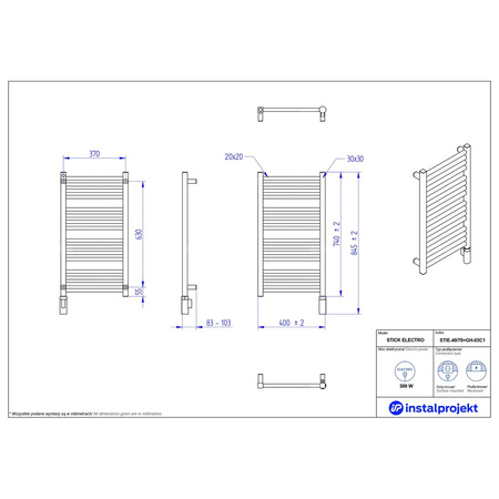 Grzejnik elektryczny (suszarka) INSTAL-PROJEKT STICK ELECTRO, wym. 740 (845 z grzałką)/400 mm, kolor biały połysk, moc 300 W