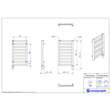 Grzejnik elektryczny (suszarka) INSTAL-PROJEKT POPPY ELECTRO, wym. 670 (775 z grzałką)/400 mm, kolor biały połysk, moc 300 W