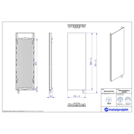 Grzejnik elektryczny (suszarka) INSTAL-PROJEKT Indivi Electro, wym. 1806 (1911 z grzałką)/576 mm,  moc 900 W