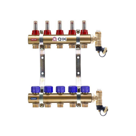 Rozdzielacz do ogrzewania podłogowego QIK BASIC II TN 14-obieg. mosiądz gw 1'' x gz 3/4'' + przepływomierz