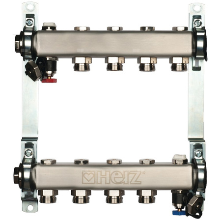 Rozdzielacz do ogrzewania podłogowego HERZ 7-obieg. stal nierdzewna GW 1'' x GZ 3/4'' + zawór napełn/spust + odpowietrznik