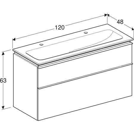 Zestaw umywalki meblowej Geberit iCon, slim rim, z szafką pod umywalkę, z dwoma szufladami i odpływowo-przelewowym do umywalki: B=120cm, Umywalka: biały, Korpus i front: biały / lakierowany na wysoki połysk, Uchwyt: biały / powlekany proszkowo, matowy
