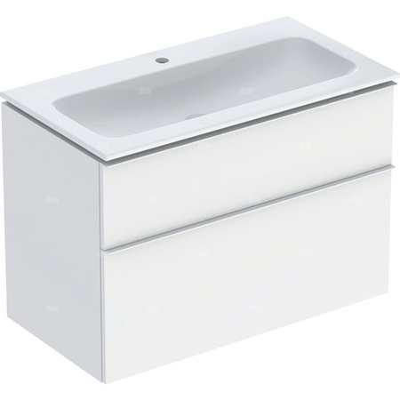 Zestaw umywalki meblowej Geberit iCon slim rim, z szafką pod umywalkę, z dwoma szufladami i zestawem odpływowo-przelewowym do umywalki: B=90cm, Umywalka: biały /KeraTect, Korpus i front: biały / lakierowany matowy, Uchwyt: biały / powlekany proszkowo, mat