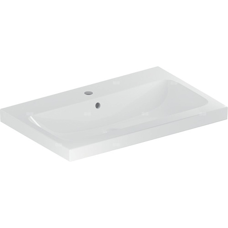 Umywalka GEBERIT iCon Light prostokątna, biała / KeraTect, 750mm, otwór na baterię na środku, z odpływem przelewowym, półka od ściany