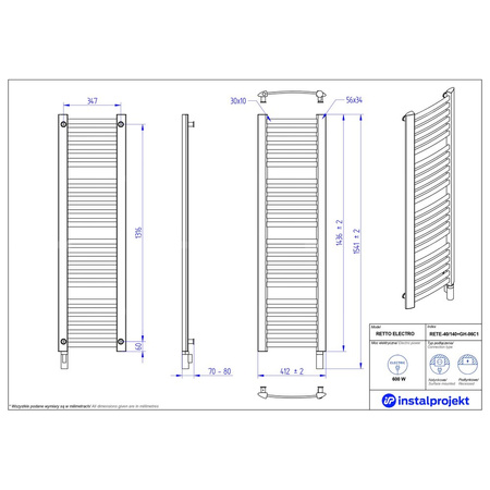 Grzejnik elektryczny (suszarka) INSTAL-PROJEKT RETTO ELECTRO, wym. 1436 (1541 z grzałką)/412 mm, kolor czarny mat, moc 600 W