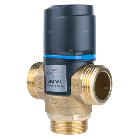 Zawór regulacyjny termostatyczny do wody ciepłej AFRISO ATM 361 ze śrubunkami mosiądz GZ 1'', DN 20, zakres temp. 20-43'C, Kvs 1.6 m3/h, maksymalna temperatura 90'C, maksymane ciśnienie 10 bar