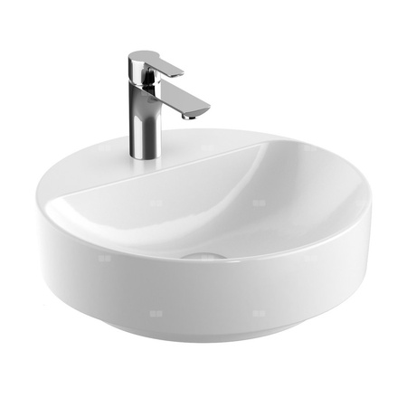 Umywalka GEBERIT Variform okrągła, biała, 450mm, otwór na baterię na środku, stawiana na blat, bez odpływu przelewowego, półka od ściany