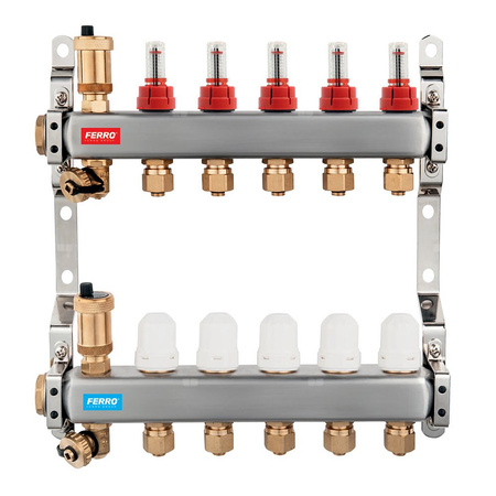 Rozdzielacz 3-drogowy z zaworami termostatycznymi, przepływomierzami i złączkami, stal nierdzewna