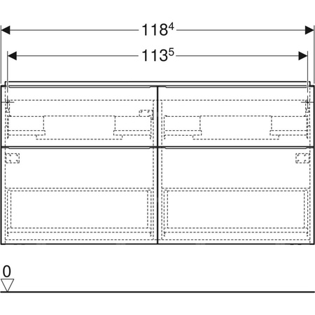 Szafka pod umywalkę podwójną Geberit iCon, z czterema szufladami: Szerokość umywalki=120cm, H=61.5cm, Korpus i front: orzech hickory / melaminowa struktura drewna, Uchwyt: lava / malowany proszkowo, matowy