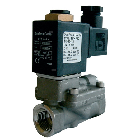 Typ WBI2 - zawór elektromagnetyczny z serwosterowaniem wraz z cewką, normalnie zamknięty, zasilanie: 230V 50Hz, uszczelki i membrana: FKM, Pnom 1,0 MPa, tmax=100 st.C. 3/4''