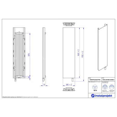 Grzejnik elektryczny (suszarka) INSTAL-PROJEKT INVENTIO ELECTRO, wym. 1600 (1705 z grzałką)/380 mm, moc 600 W