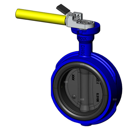 Przepustnica pierścieniowa SYLAX GAS z dźwignią ręczną, dysk: GGG40 powl. poliamidem, wykładzina: NBR, korpus: GGG40 epoksyd., Pnom 0,6 MPa, tmax=60 st.C DN80