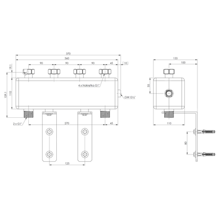 Rozdzielacz do instalacji c.o. AFRISO KSV 90-2 HW GZ 1'', 2-obieg. Nakrętka 1'', max. 50 kW