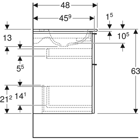 Zestaw umywalki meblowej Geberit iCon slim rim, z szafką pod umywalkę, z dwoma szufladami i zestawem odpływowo-przelewowym do umywalki: B=75cm, Umywalka: biały, Korpus i front: orzech hickory / melaminowa struktura drewna, Uchwyt: lava / malowany proszkow