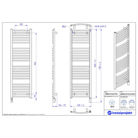 Grzejnik elektryczny (suszarka) INSTAL-PROJEKT AMBRA R ELECTRO, wym. 1650 (1755 z grzałką)/500 mm, kolor biały połysk, moc 600 W
