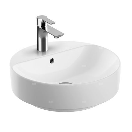 Umywalka GEBERIT Variform okrągła, biała, 450mm, otwór na baterię na środku, stawiana na blat, z odpływem przelewowym, półka od ściany