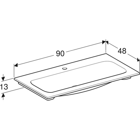 Umywalka GEBERIT iCon prostokątna, biała, 900mm, otwór na baterię na środku, nakładany od góry, bez odpływu przelewowego, półka od ściany