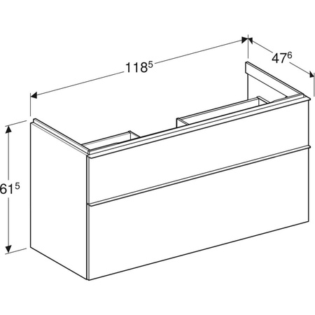 Szafka pod umywalkę Geberit iCon, z dwoma szufladami: Szerokość umywalki=120cm, Korpus i front: dąb / melaminowa struktura drewna, Uchwyt: lava / malowany proszkowo, matowy
