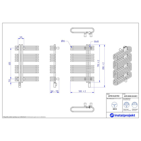 Grzejnik elektryczny (suszarka) INSTAL-PROJEKT Astro Electro, wym. 793 (898 z grzałką)/500 mm, kolor biały mat,  moc 600 W