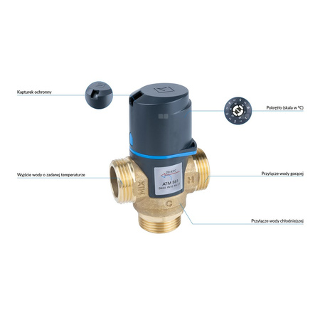 Zawór regulacyjny termostatyczny do wody ciepłej AFRISO ATM 561 mosiądz GZ 1'', DN 20, zakres temp. 20-43'C, Kvs 2.5 m3/h, maksymalna temperatura 90'C, maksymane ciśnienie 10 bar