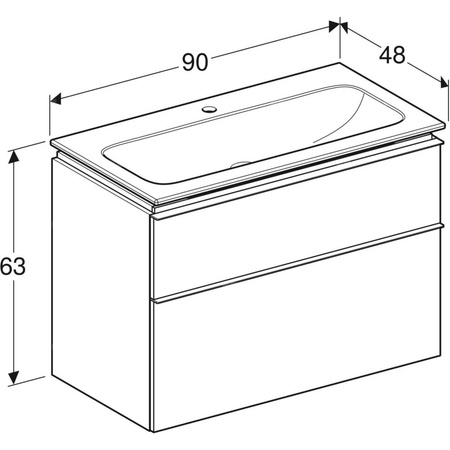 Zestaw umywalki meblowej Geberit iCon slim rim, z szafką pod umywalkę, z dwoma szufladami i zestawem odpływowo-przelewowym do umywalki: B=90cm, Umywalka: biały, Korpus i front: orzech hickory / melaminowa struktura drewna, Uchwyt: lava / malowany proszkow