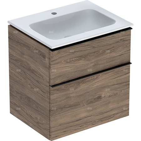 Zestaw umywalki meblowej Geberit iCon slim rim, z szafką pod umywalkę, z dwoma szufladami i zestawem odpływowo-przelewowym do umywalki: B=60cm, Umywalka: biały, Korpus i front: orzech hickory / melaminowa struktura drewna, Uchwyt: lava / malowany proszkow