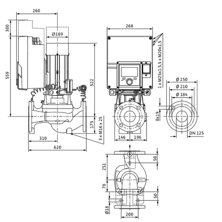 Pompa obiegowa WILO Stratos GIGA 2.0-I 125/1-9/3,0-R1 typu in-line z silnikiem znormalizowanym 50/60 Hz, moc silnika 2.7kW 4.5 A 1470 obr/min, wlot Kołnierz DN 125