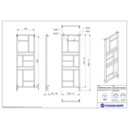 Grzejnik elektryczny (suszarka) INSTAL-PROJEKT Mondrian Electro, wym. 1740 (1845 z grzałką)/600 mm, kolor czarny mat,  moc 600 W