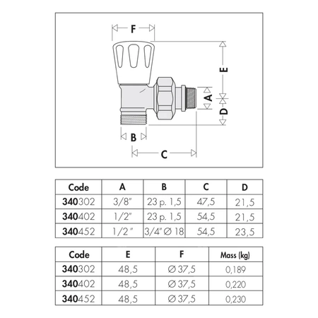 Grzejnikowy ręczny zawór kątowy do rur miedzianych oraz rur z tworzyw sztucznych 1/2"x 3/4"