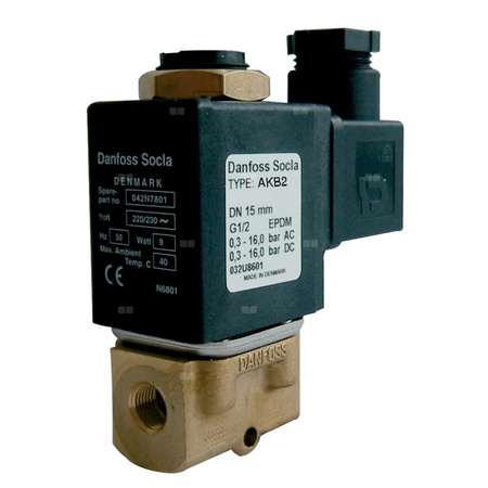 Typ AKB2 - zawór elektromagnetyczny bezpośredniego działania wraz z cewką, normalnie zamknięty, zasilanie: 24V DC, uszczelki i membrana: FKM, Pnom 3,5 MPa, tmax=100 st.C. 3/8''