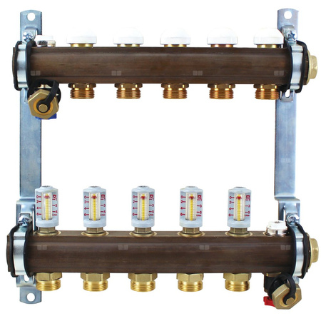 Rozdzielacz do ogrzewania podłogowego HERZ 5-obieg. GW 1'' x GZ 3/4'' + przepływomierz + zawór napełn/spust + odpowietrznik
