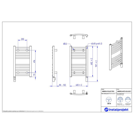 Grzejnik elektryczny (suszarka) INSTAL-PROJEKT AMBRA R ELECTRO, wym. 682 (787 z grzałką)/400 mm, kolor biały połysk, moc 300 W