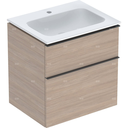 Zestaw umywalki meblowej Geberit iCon slim rim, z szafką pod umywalkę, z dwoma szufladami i zestawem odpływowo-przelewowym do umywalki: B=60cm, Umywalka: biały /KeraTect, Korpus i front: dąb / melaminowa struktura drewna, Uchwyt: lava / malowany proszkowo