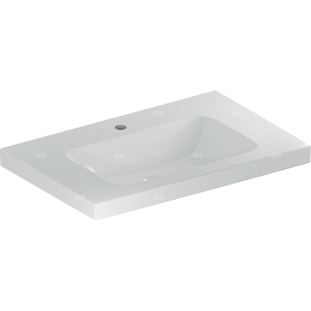 Umywalka GEBERIT iCon Light prostokątna, biała, 750mm, otwór na baterię na środku, bez odpływu przelewowego, półki z obu stron