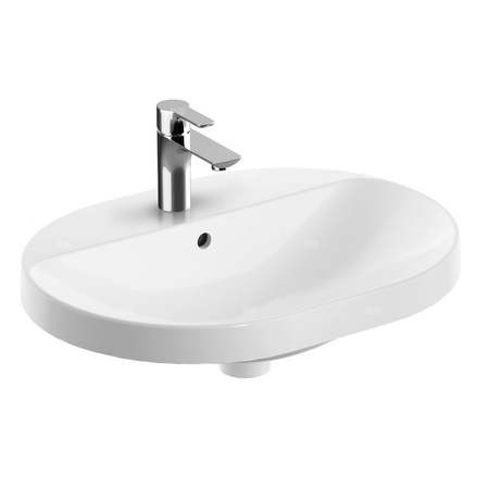 Umywalka GEBERIT Variform eliptyczna, biała, 600mm, otwór na baterię na środku, wpuszczana w blat, z odpływem przelewowym, półka od ściany