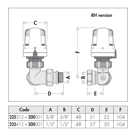 3-osiowy grzejnikowy zawór termostatyczny do rur stalowych (i miedzianych z serią 441). Wykonanie prawe 3/8"