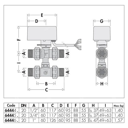 Trójdrożny kulowy zawór strefowy z trójnikiem obejściowym, z napędem 3/4"-230V
