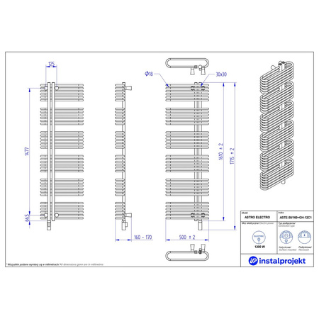 Grzejnik elektryczny (suszarka) INSTAL-PROJEKT Astro Electro, wym. 1610 (1715 z grzałką)/500 mm, kolor biały połysk,  moc 1200 W