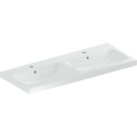 Umywalka GEBERIT iCon Light podwójna 2-stanowiskowa prostokątna, biała / KeraTect, 1200mm, otwór na baterię na środku, bez odpływu przelewowego, półka od ściany