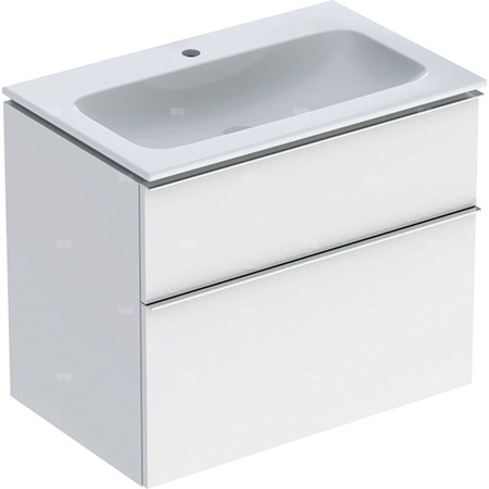 Zestaw umywalki meblowej Geberit iCon slim rim, z szafką pod umywalkę, z dwoma szufladami i zestawem odpływowo-przelewowym do umywalki: B=75cm, Umywalka: biały, Korpus i front: biały / lakierowany na wysoki połysk, Uchwyt: chromowany z połyskiem 