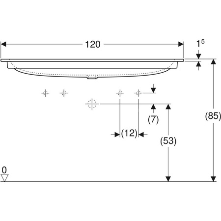 Umywalka GEBERIT iCon 2-stanowiskowa prostokątna, biała, 1200mm, otwór na baterię na środku (x2), nakładany od góry, bez odpływu przelewowego, półka od ściany