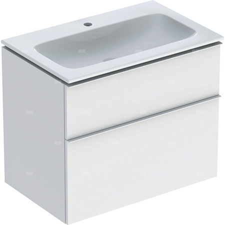 Zestaw umywalki meblowej Geberit iCon slim rim, z szafką pod umywalkę, z dwoma szufladami i zestawem odpływowo-przelewowym do umywalki: B=75cm, Umywalka: biały, Korpus i front: biały / lakierowany matowy, Uchwyt: biały / powlekany proszkowo, matowy
