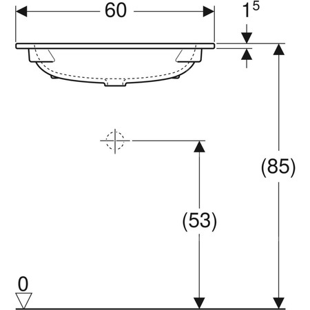 Umywalka GEBERIT iCon prostokątna, biała, 600mm, bez otworu na baterię, nakładany od góry, bez odpływu przelewowego, półka od ściany